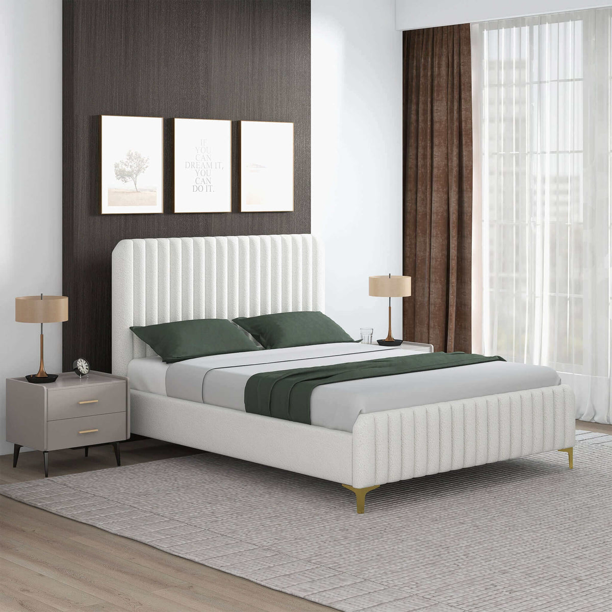 Valery King Size Bed Frame with Tufted Upholstery - White Boucle