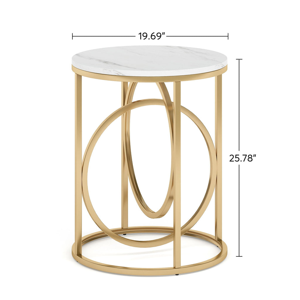 Round End Table with Faux Marble Top - White and Gold