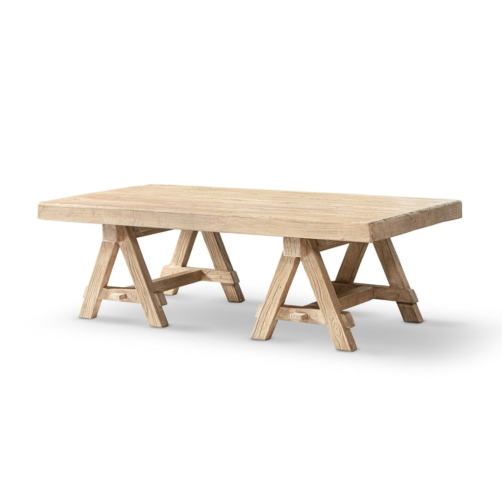 Trestle Coffee Table with Solid Reclaimed Elm Construction - Dark or Light Brown