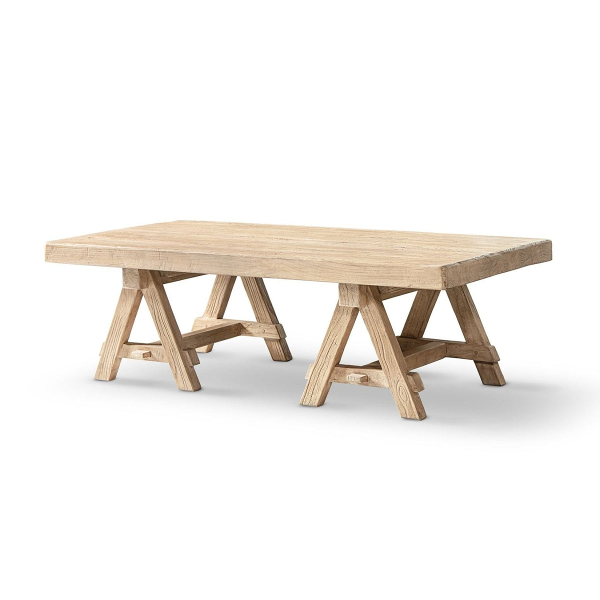 Trestle Coffee Table with Solid Reclaimed Elm Construction - Dark or Light Brown