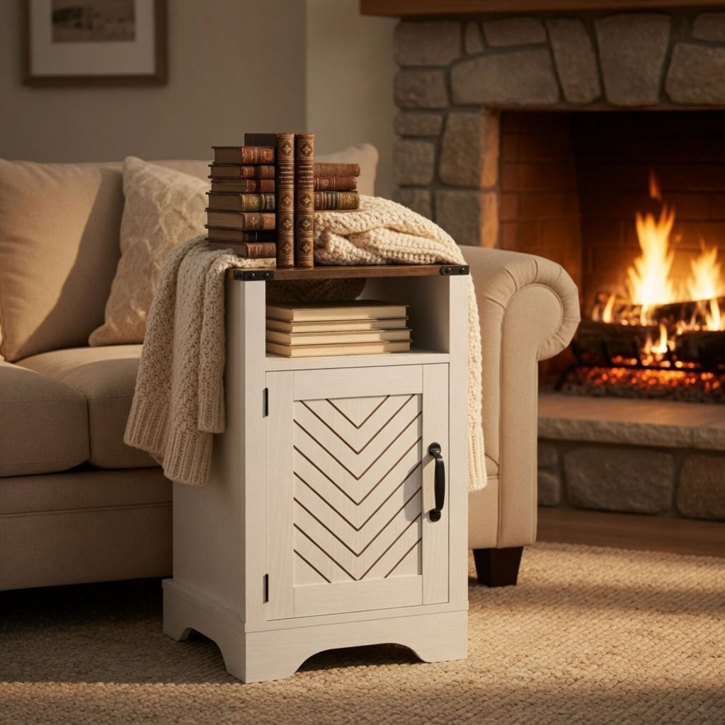 Farmhouse Nightstand with Charging Station & Storage - White