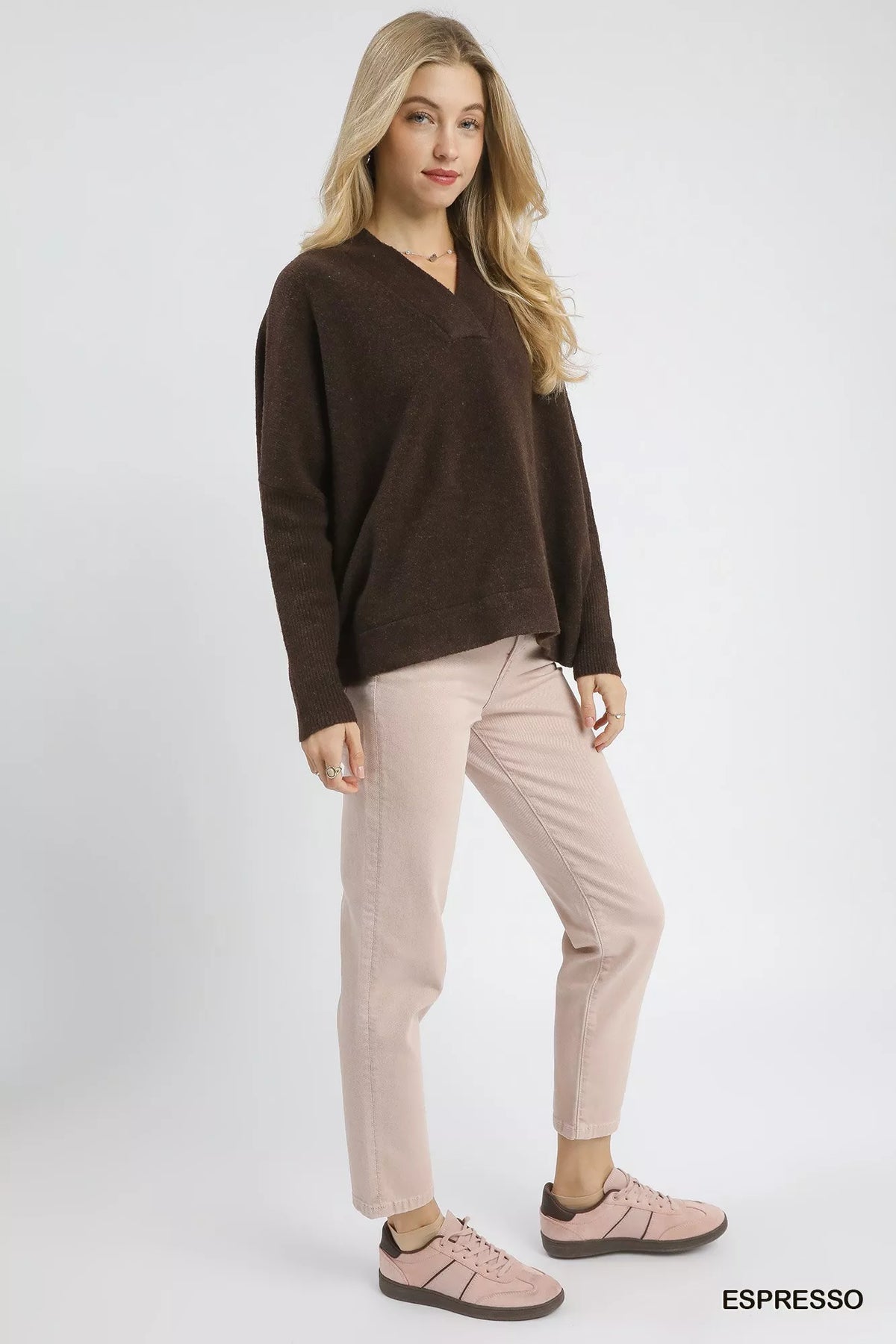 Umgee V-Neck Sweater with Wide Trim Detail