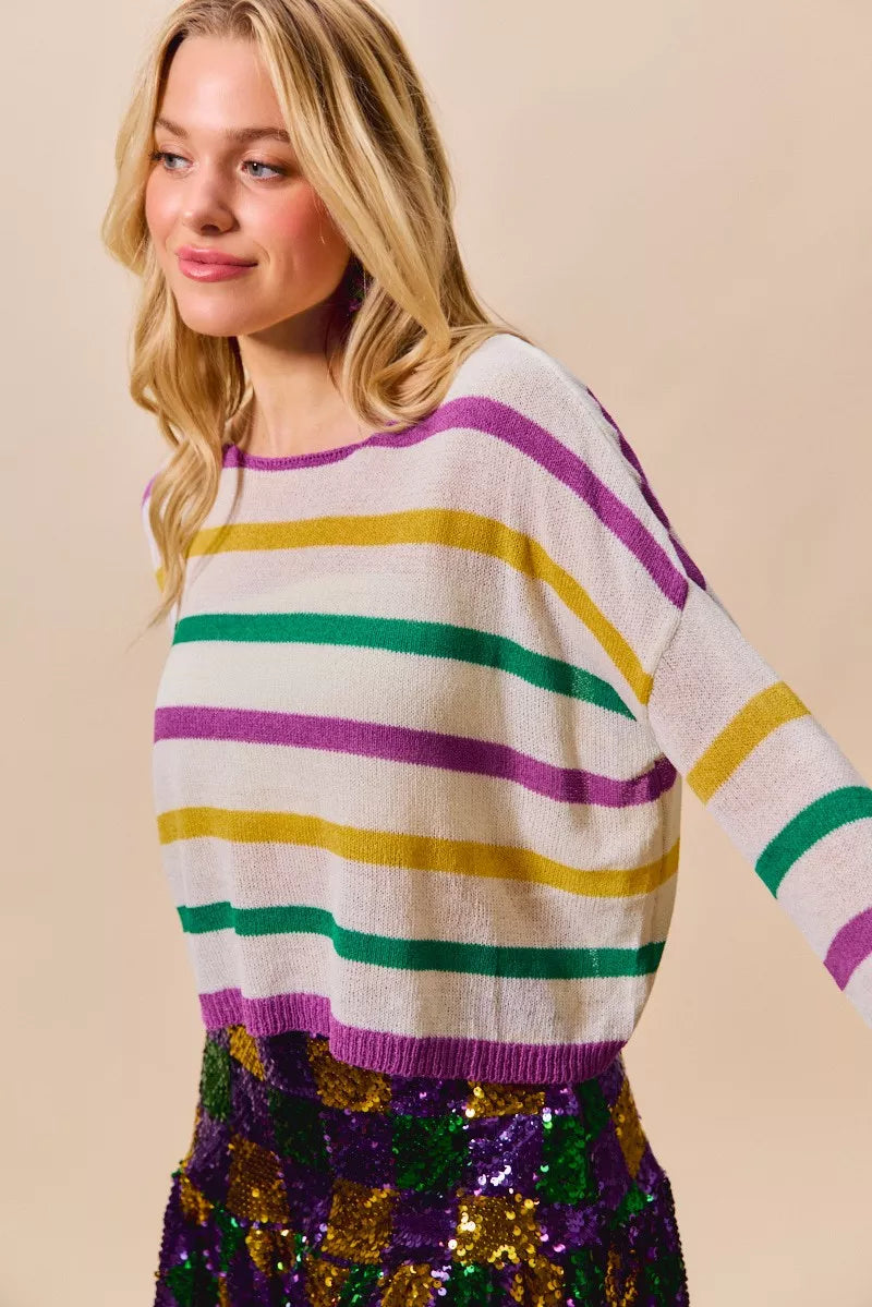 SO ME Mardi Gras Color Stripe Lightweight Sweater Top