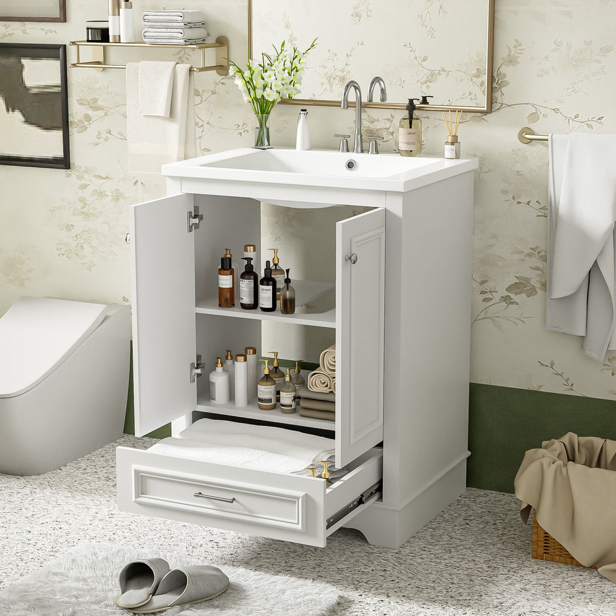Modern Bathroom Vanity with Ceramic Sink Combo and Storage Cabinet - Multiple Colors