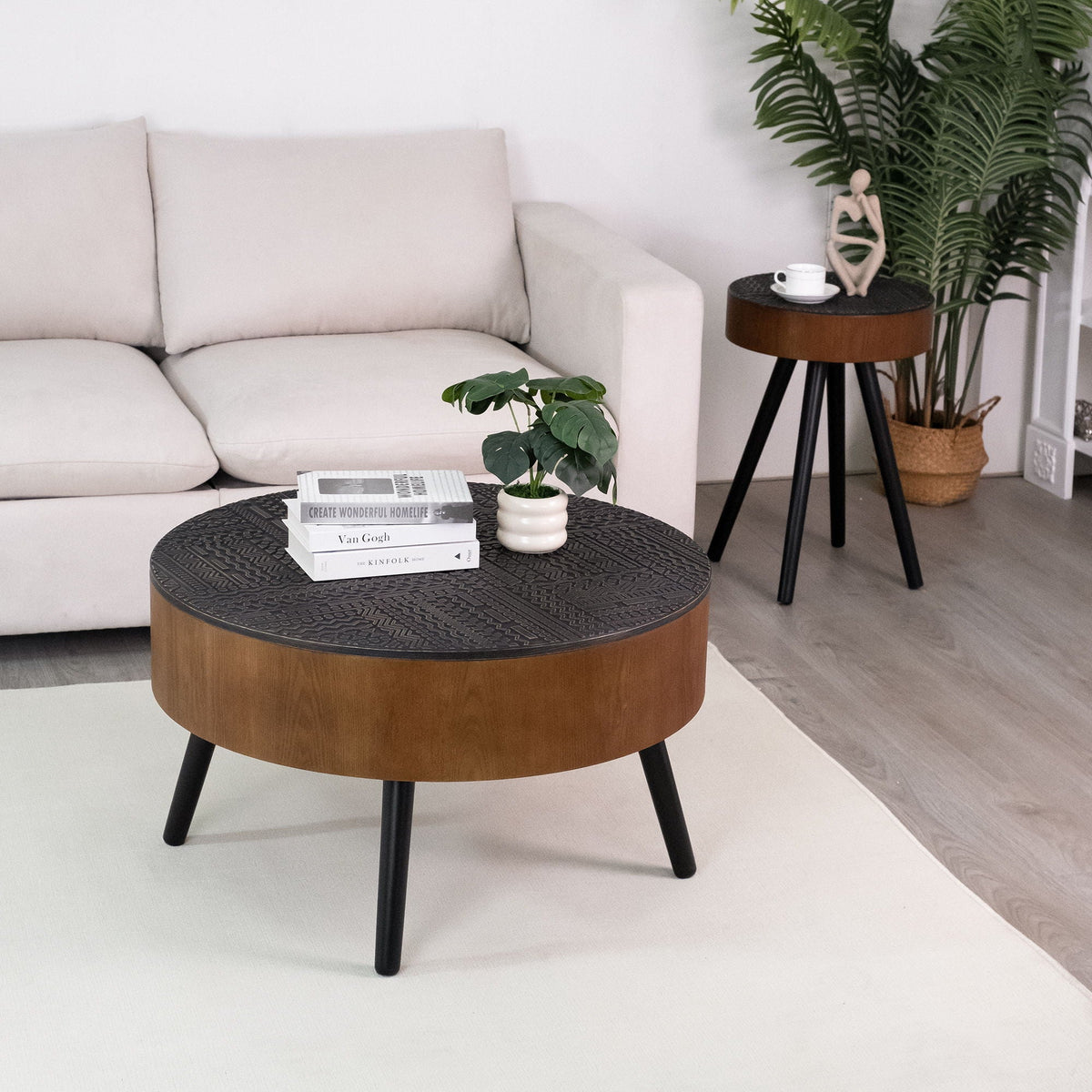 Round Coffee Table with Storage Function - Carved Wood Top - Dark Brown or Black