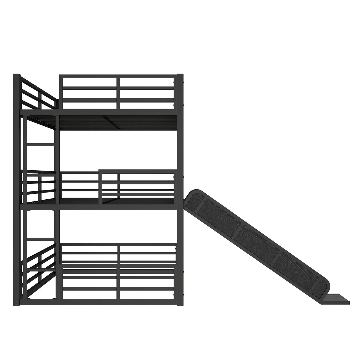 Full Over Full Over Full Bunk Bed with Slide and Guardrails - Metal