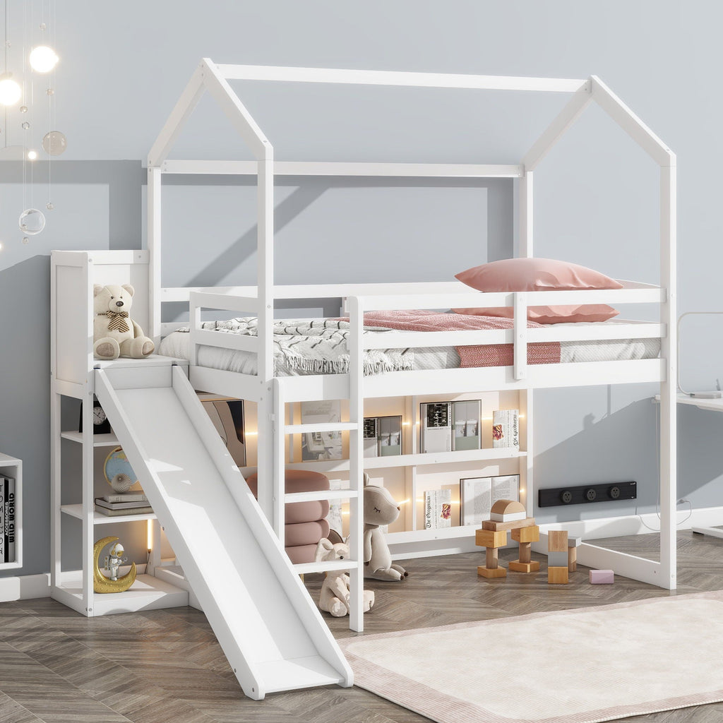 House Loft Bed with Slide and Storage Shelves - Twin with Light
