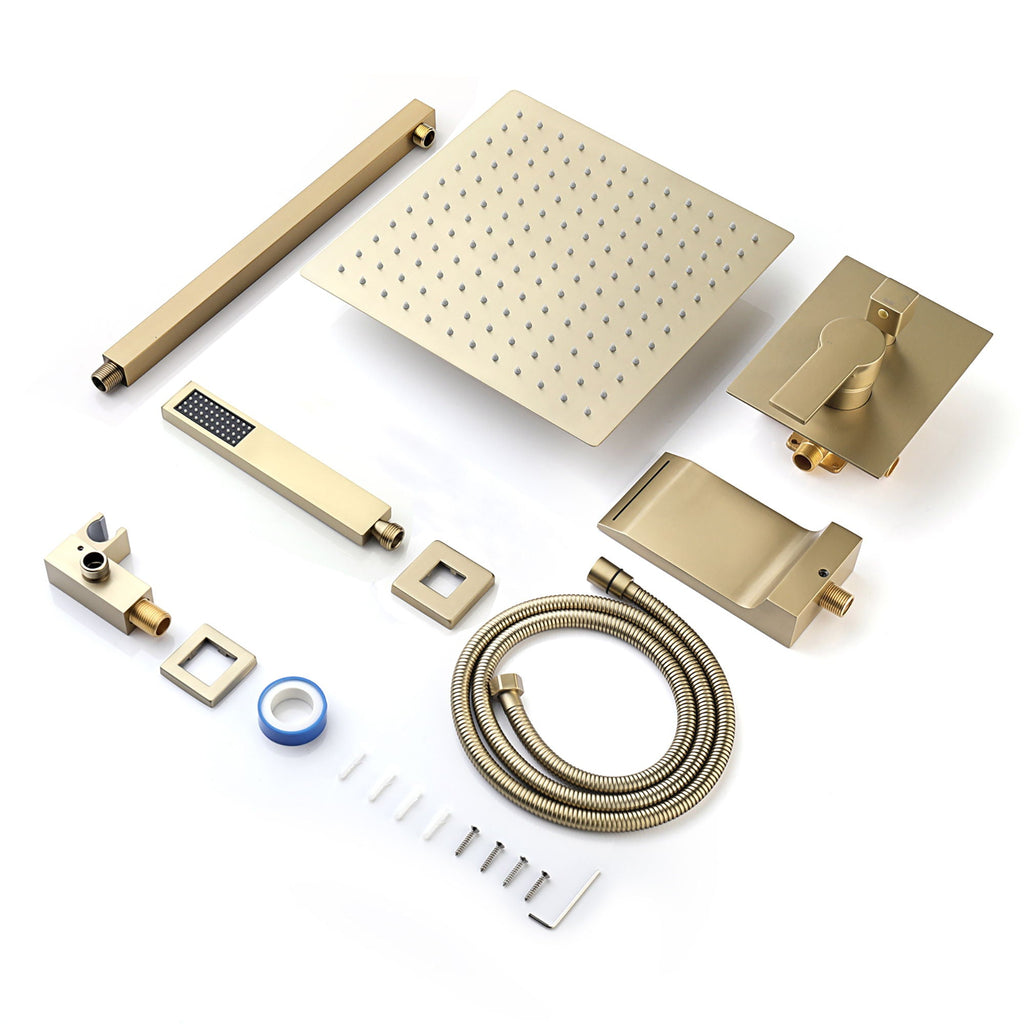 Modern 10" Wall Mounted Rainfall Shower Head System with Handheld Shower - Gold or Black