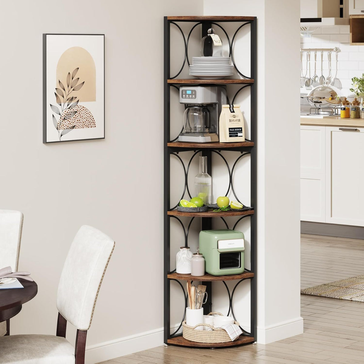 Tall 6 Tier Corner Bookshelf with Durable MDF & Metal Frame - Rustic Brown