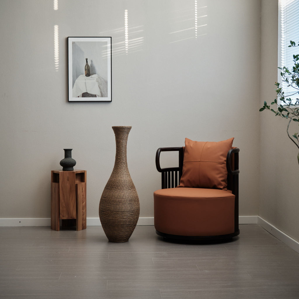 Tall Artificial Rattan Floor Vase with Artistic Design - Beige / Gray