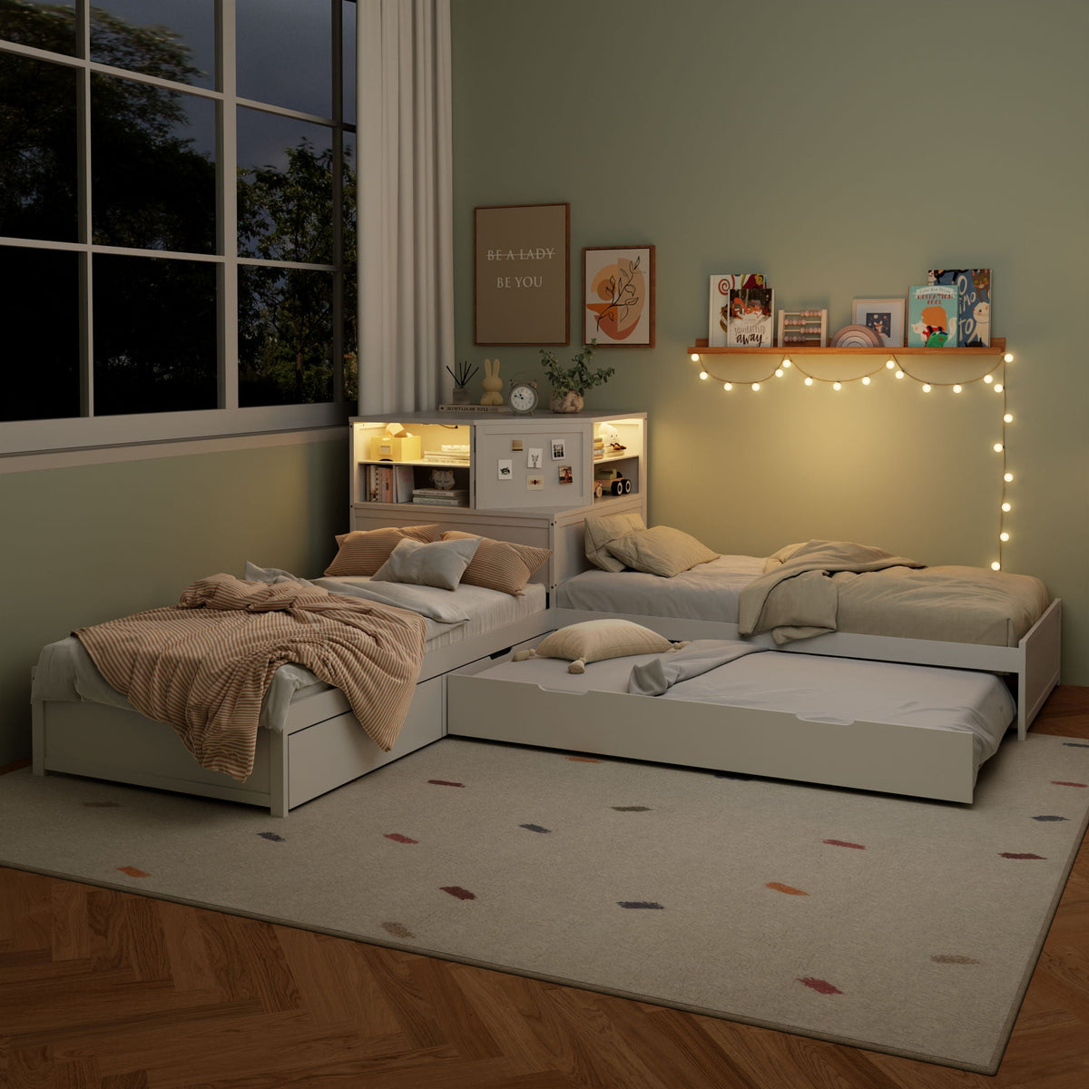 L-Shaped Bed Frame with Trundle, Desk & LED Lighting - Twin