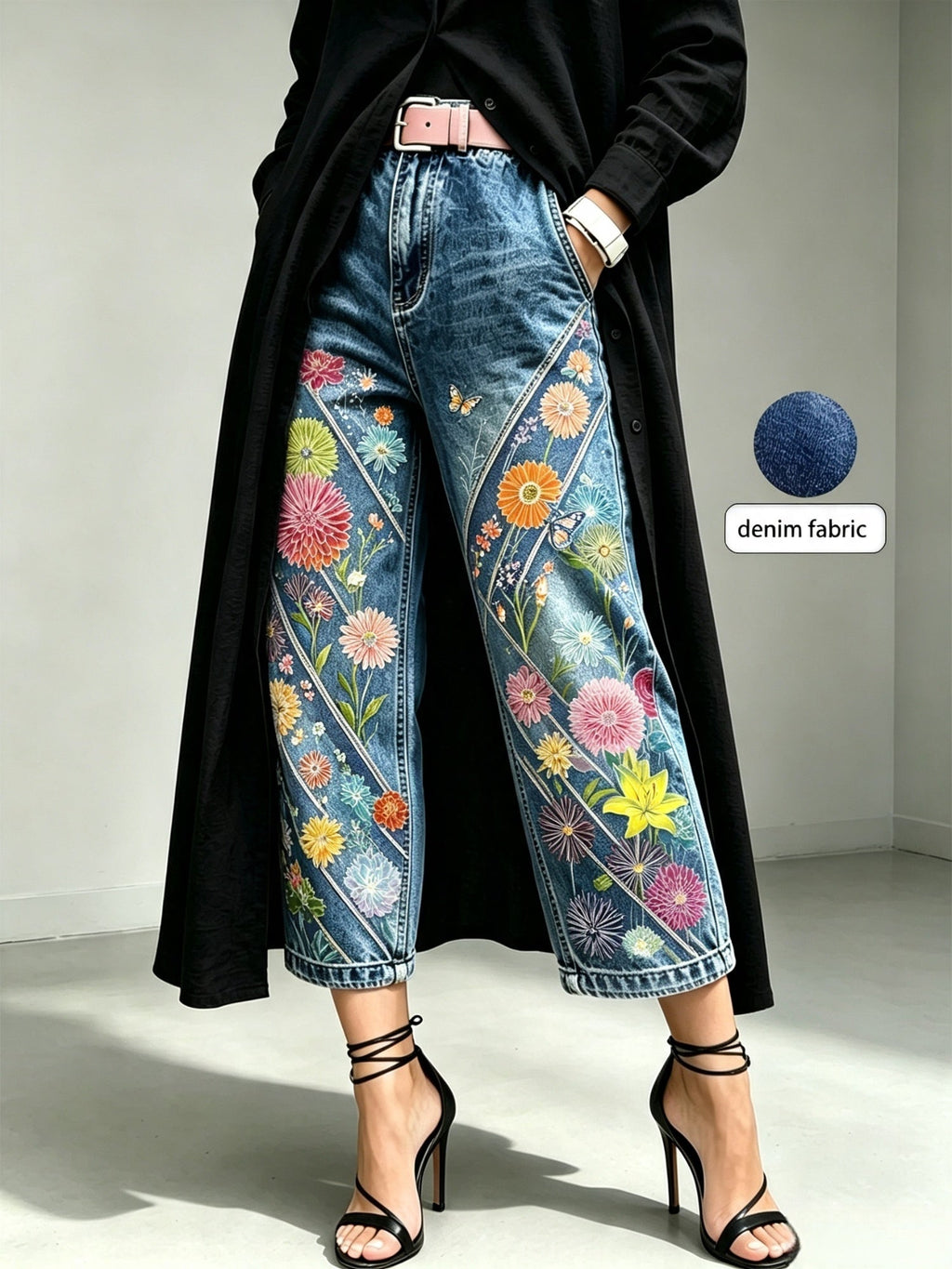 Mid-rise Wide-leg Denim Capri Pants
