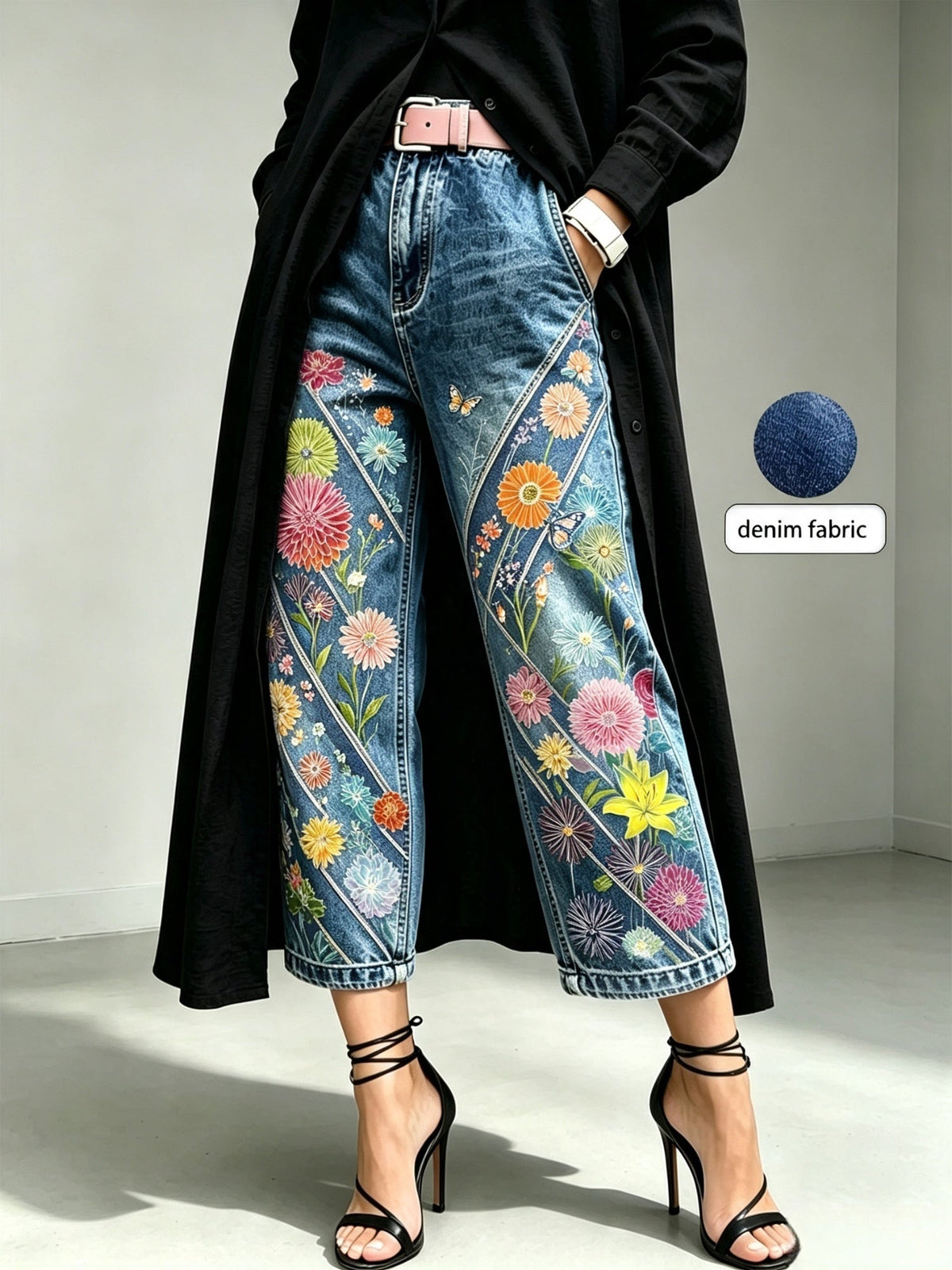 Mid-rise Wide-leg Denim Capri Pants