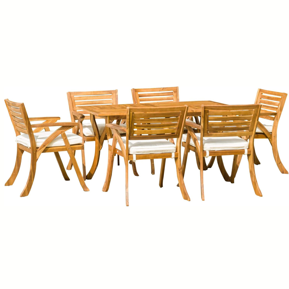Acacia Wood Outdoor Dining Set with Cushions - 7 Piece Patio Set, Cream