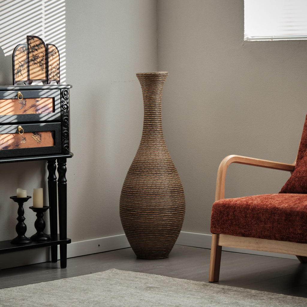 Tall Artificial Rattan Floor Vase with Artistic Design - Beige / Gray