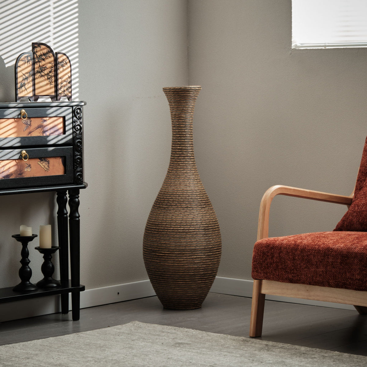 Tall Artificial Rattan Floor Vase with Artistic Design - Beige / Gray