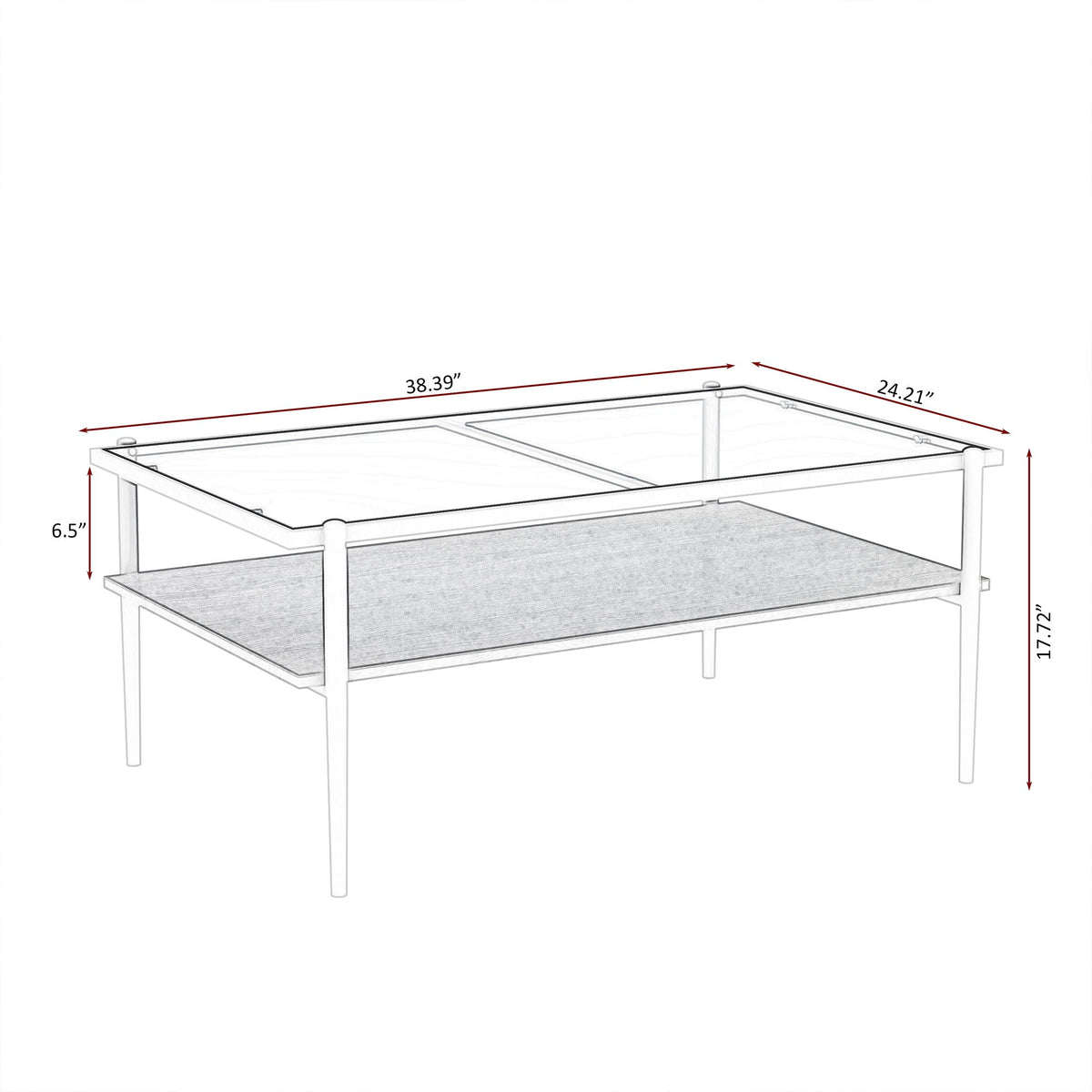 Rectangular Coffee Table with Tempered Glass Top and Metal Legs - Black, Dark Brown, or White