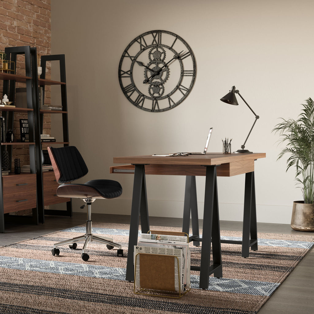 Handcrafted Solid Writing Desk with Sawhorse Metal Supports - Dark Brown