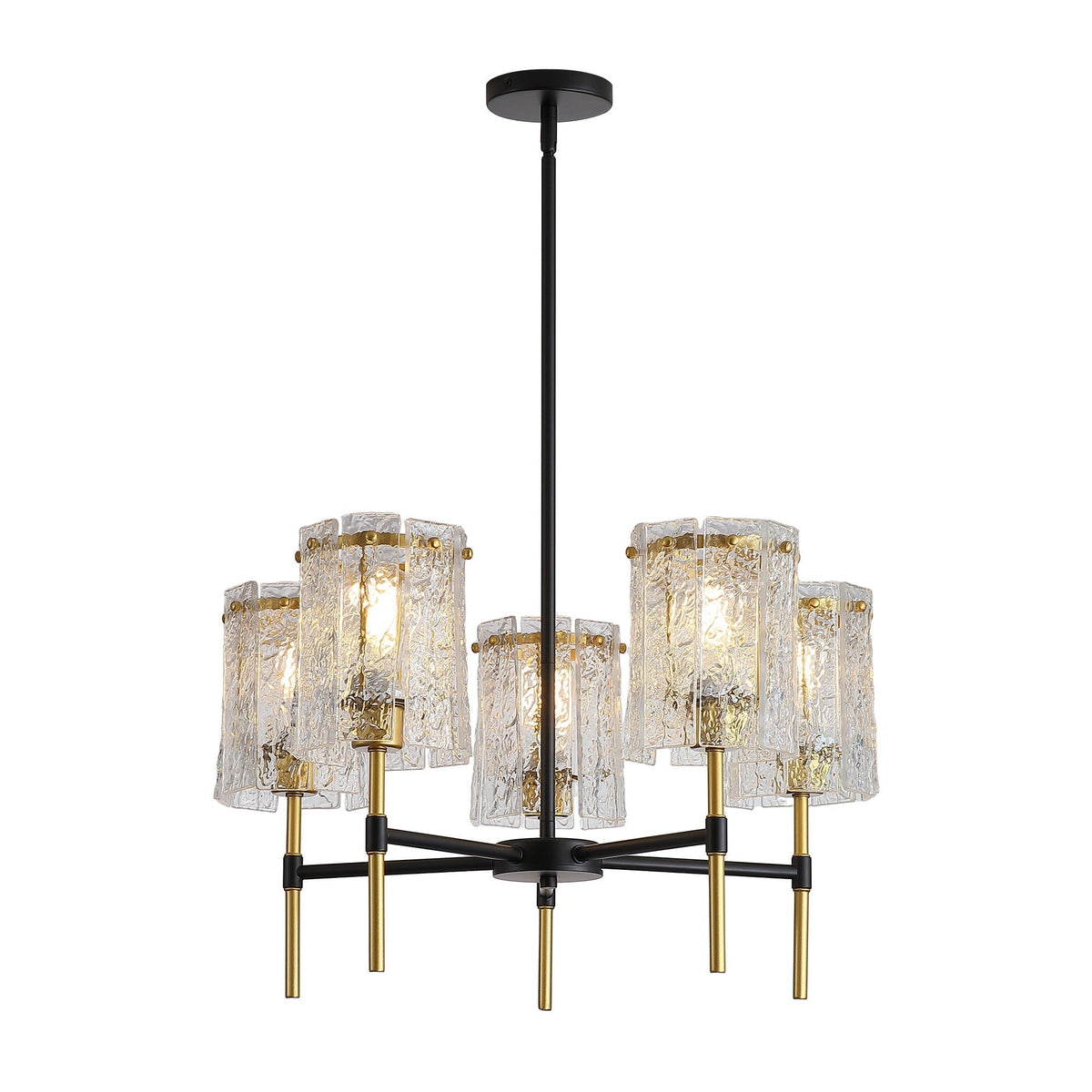 5 Light Textured Glass Chandelier with Adjustable Height - Black & Gold