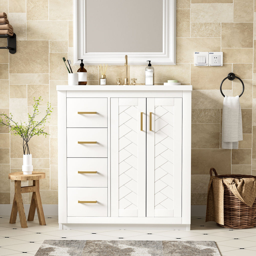 Ceramic Sink Vanity Combo with 3 Drawers and Soft Closing Doors - 30"