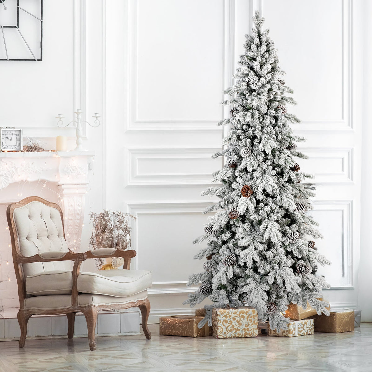 7.5 FT Flocked Christmas Tree with 40 Natural Pine Cones