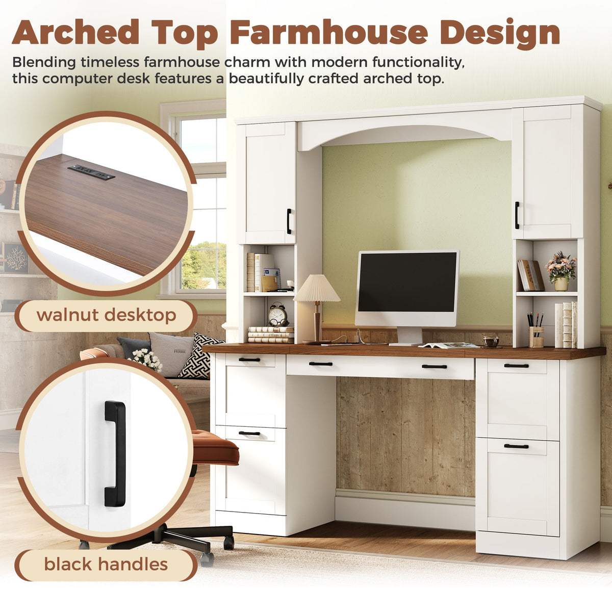 Farmhouse Arched Computer Desk with Hutch - White