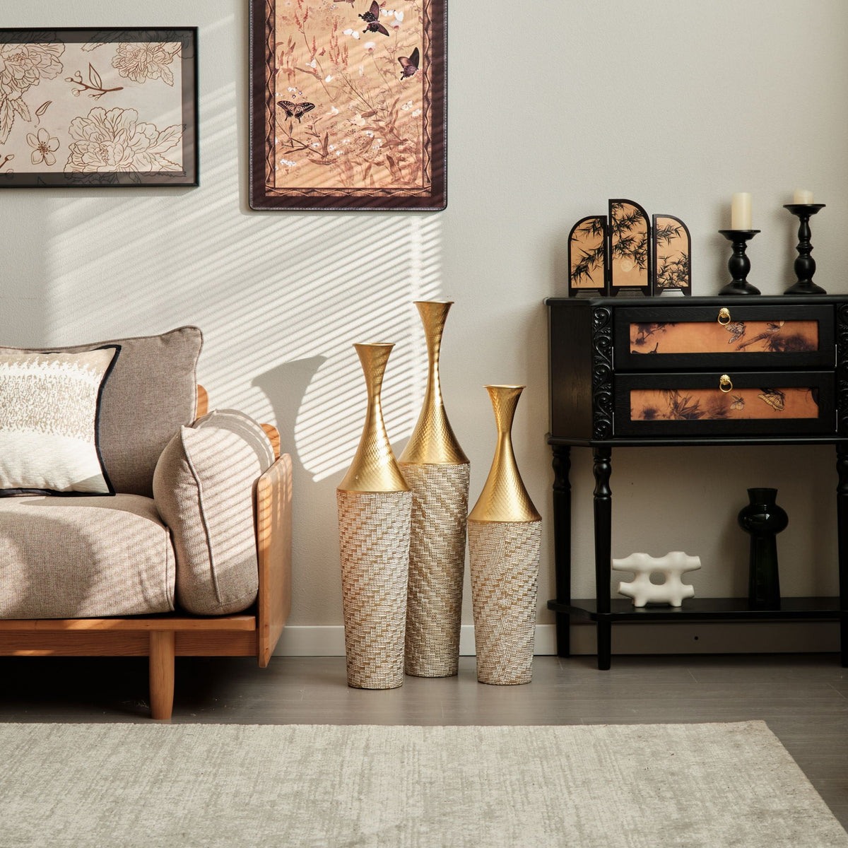 Champagne Floor Metal Vase 3-Piece Set with Woven Pattern - Modern Style