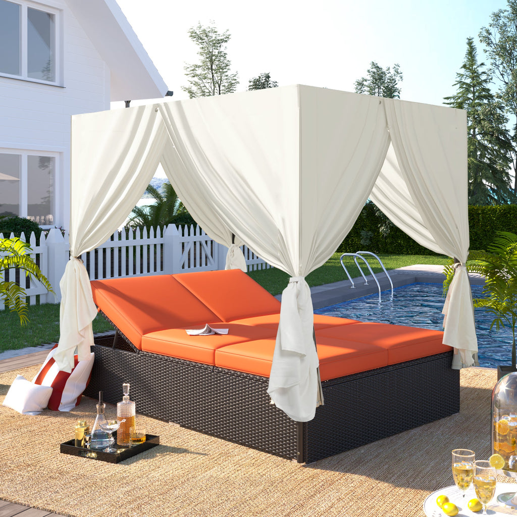 Outdoor Double Chaise Lounge Daybed with Adjustable Backrests and Curtains - Orange or Beige