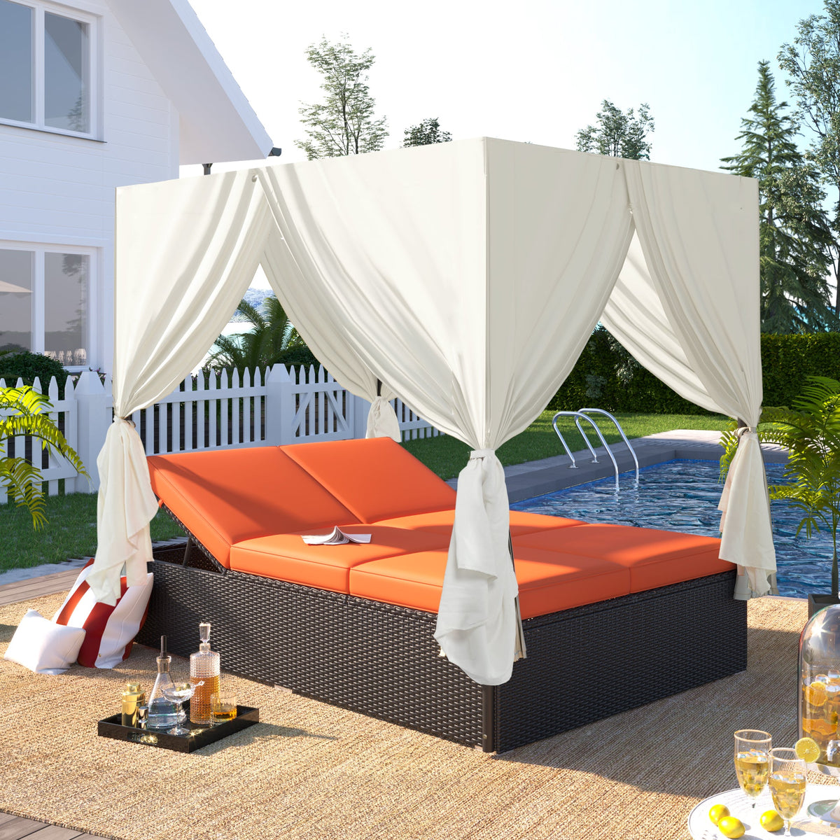 Outdoor Double Chaise Lounge Daybed with Adjustable Backrests and Curtains - Orange or Beige