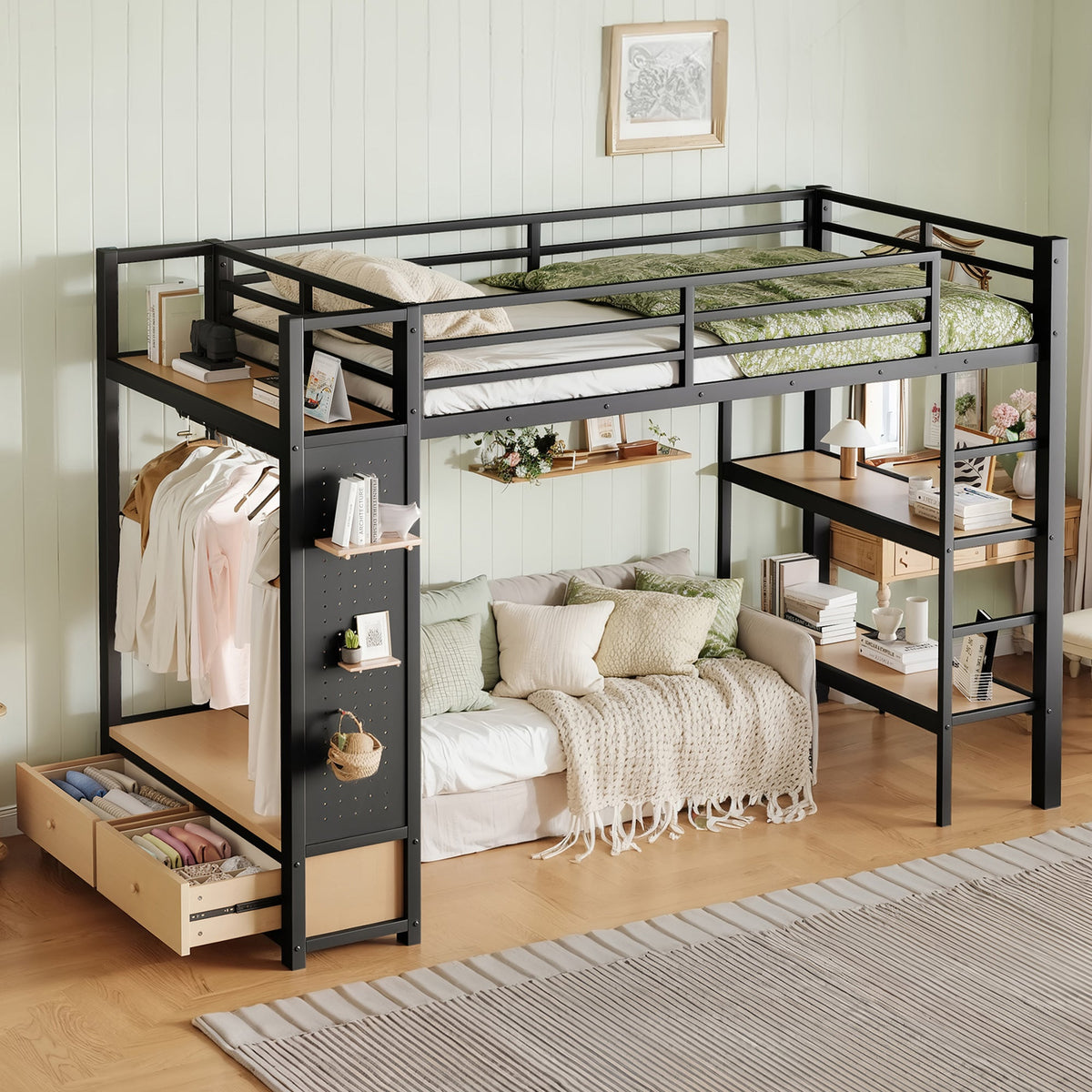 Twin XL Loft Bed Frame with Wardrobe and Shelves - Black