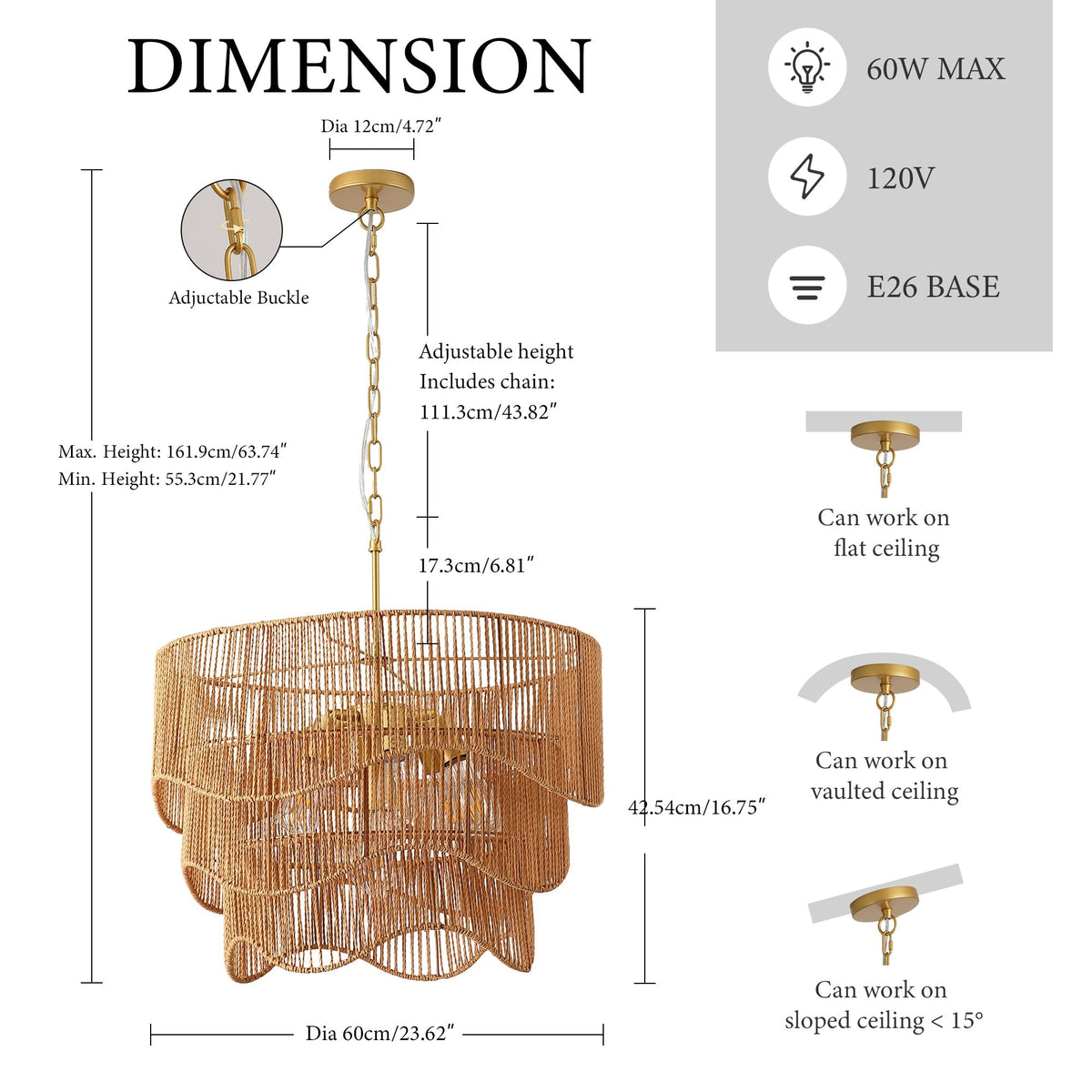 Handwoven Paper Rattan Boho Chandelier with 7-Light E26 Base - Natural