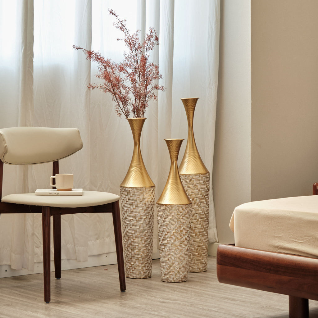 Champagne Floor Metal Vase 3-Piece Set with Woven Pattern - Modern Style
