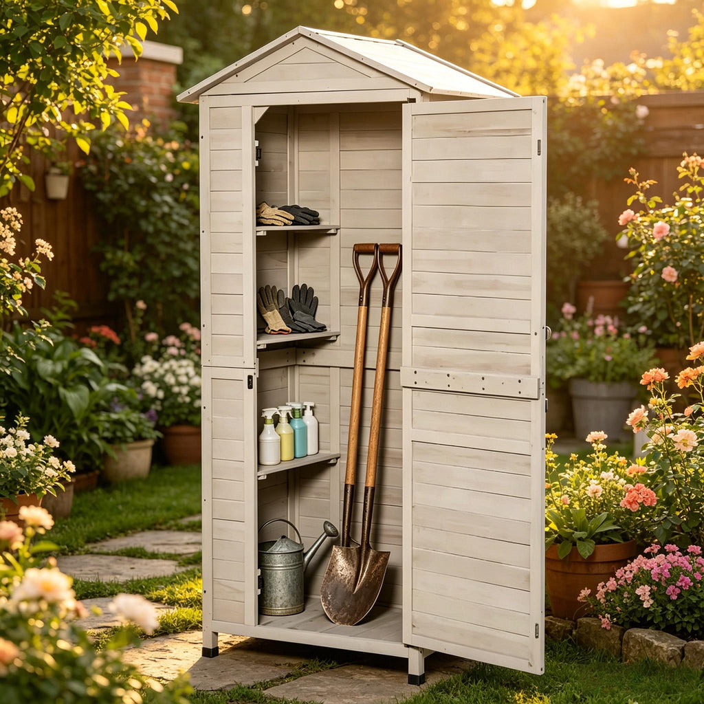 Outdoor Storage Shed with Tilted Tin Roof - Light Grey Fir Wood