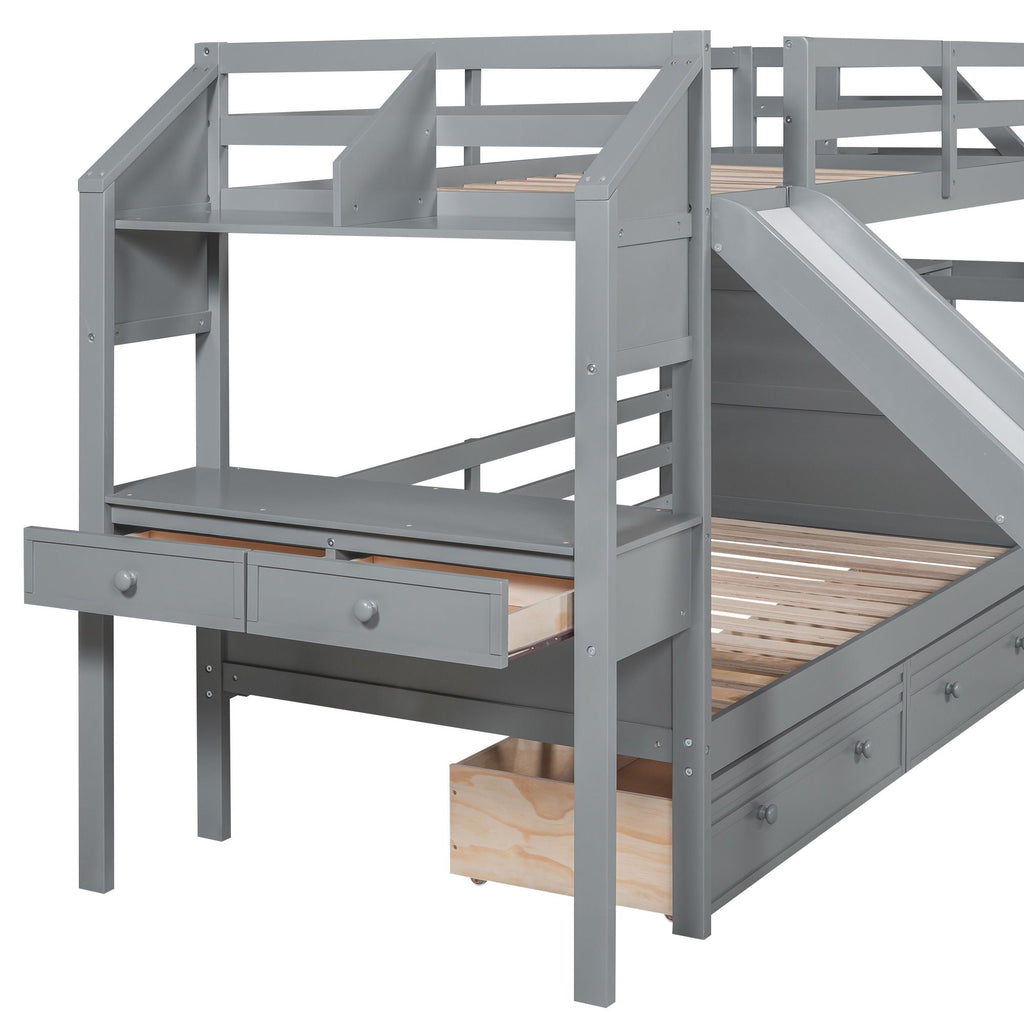 Bunk Bed With Storage Staircase, Slide, Desk, Drawers, And Shelves
