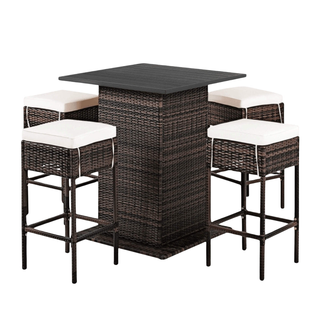 5-Piece Patio Rattan Bar Table Stool Set With Hidden Storage Shelf & Cushions (SAK14645)