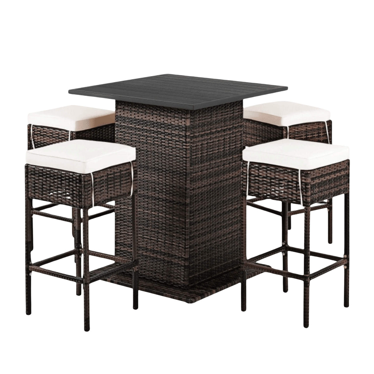 5-Piece Patio Rattan Bar Table Stool Set With Hidden Storage Shelf & Cushions (SAK14645)