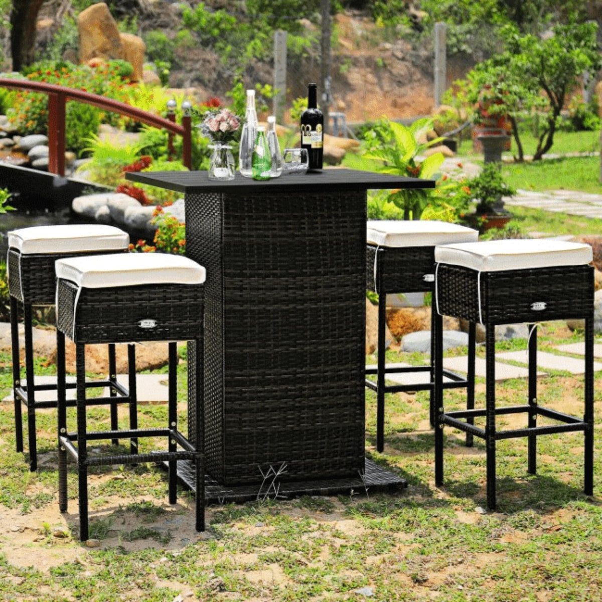 5-Piece Patio Rattan Bar Table Stool Set With Hidden Storage Shelf & Cushions (SAK14645)