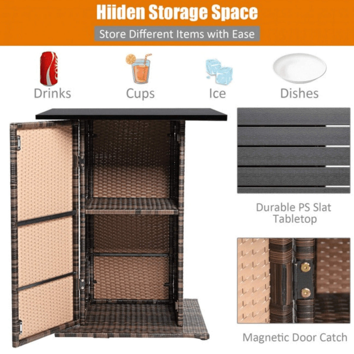 5-Piece Patio Rattan Bar Table Stool Set With Hidden Storage Shelf & Cushions (SAK14645)