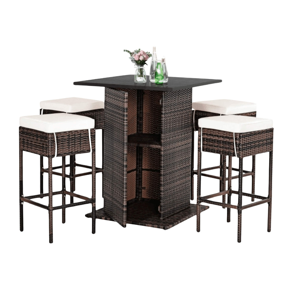 5-Piece Patio Rattan Bar Table Stool Set With Hidden Storage Shelf & Cushions (SAK14645)