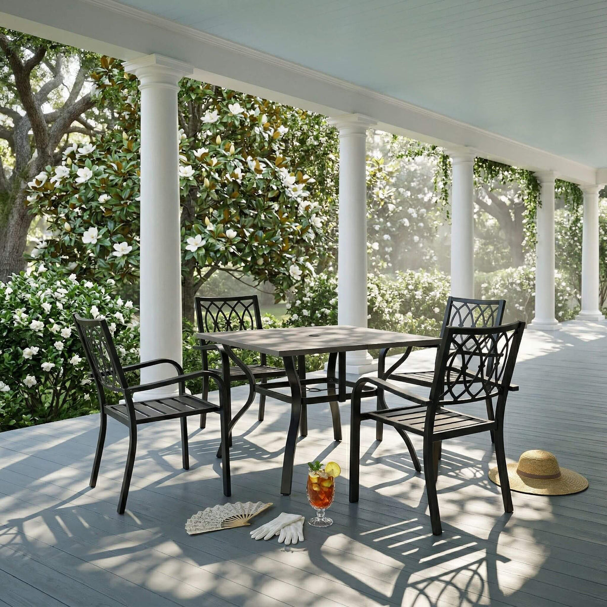 5-Piece Outdoor Dining Set With 4 Heavy-Duty Chairs And Square Table With Umbrella Hole [UMBRELLA NOT INCLUDED] (SAK93546)