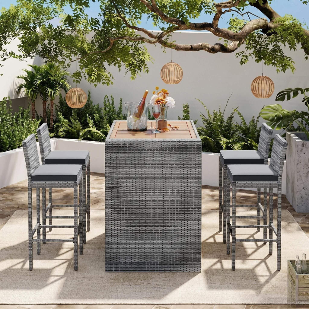 5-Piece Wicker Patio Bar Set With Cushions & Acacia Table (SAK26801)
