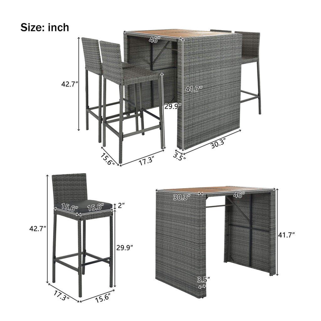 5-Piece Wicker Patio Bar Set With Cushions & Acacia Table (SAK26801)