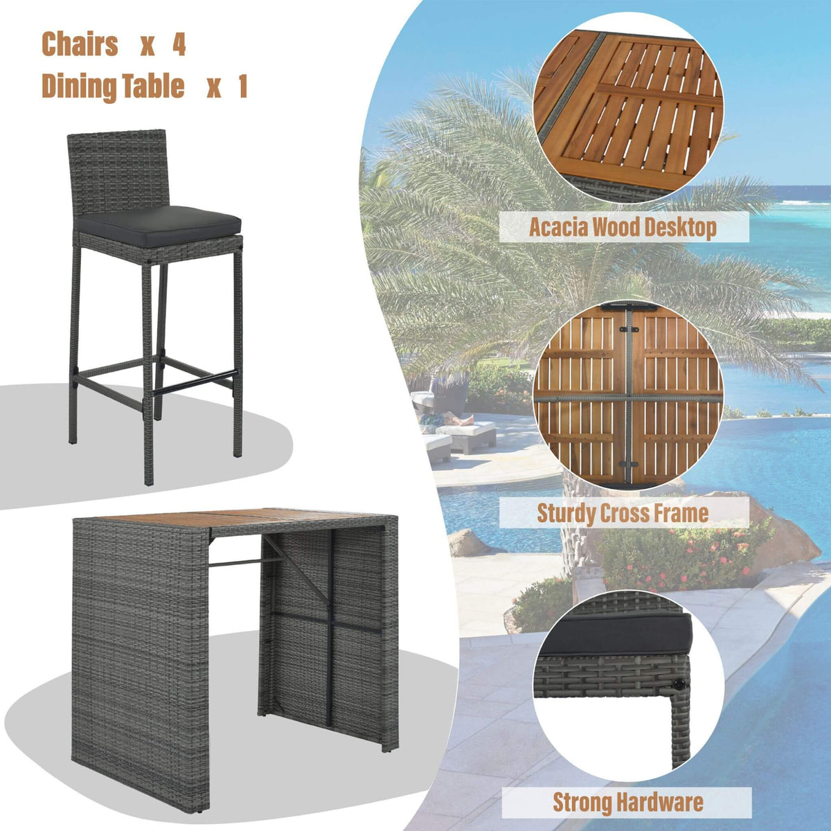 5-Piece Wicker Patio Bar Set With Cushions & Acacia Table (SAK26801)