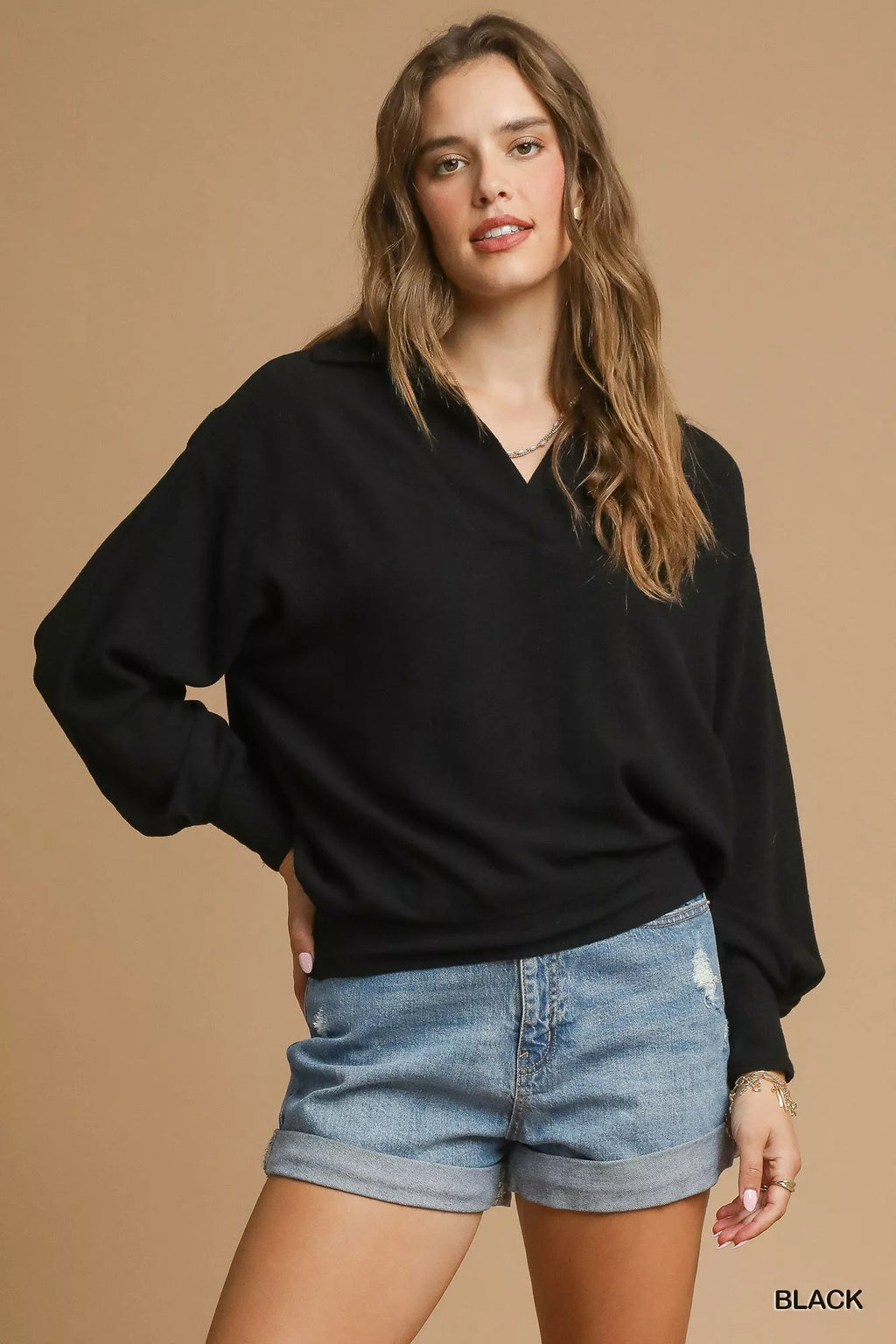 Umgee Linen Long Sleeves Elastic Hem Blouse