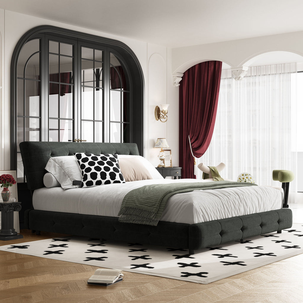 Tufted Headboard Upholstered Bed with Ultra-Soft Cloud Pillow Design - White or Black