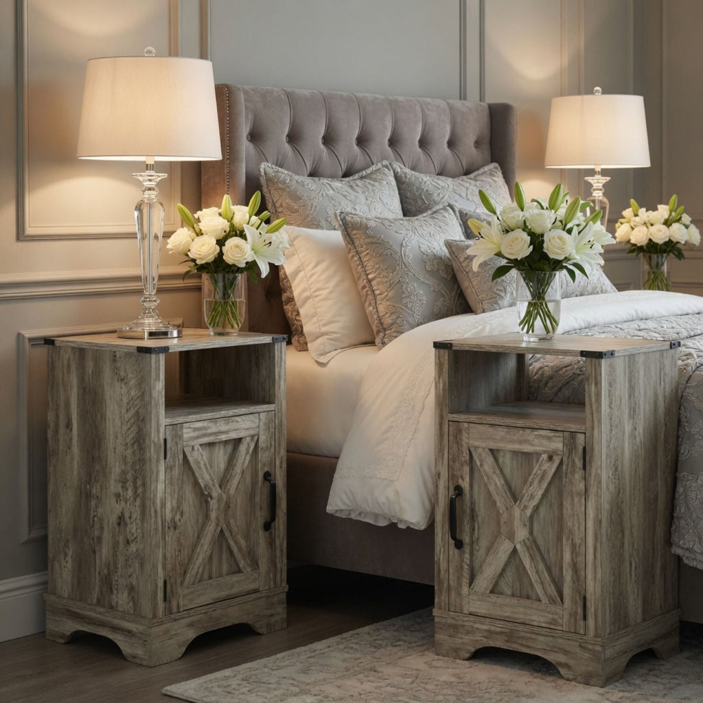 Farmhouse Nightstand with Charging Station & Storage - Multiple Colors