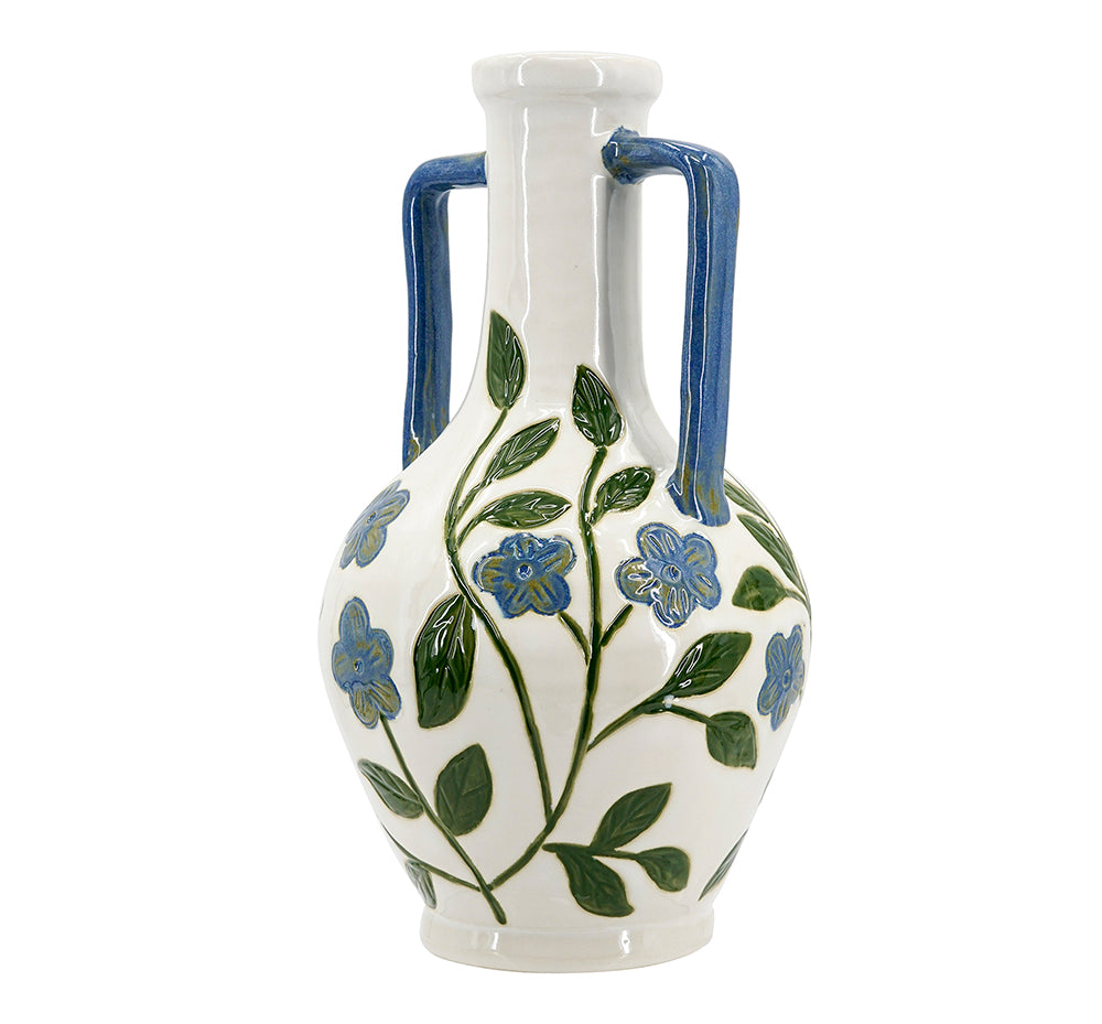 Floral Amphora Ceramic Vase with Elegant Floral Design - Blue, Green & White