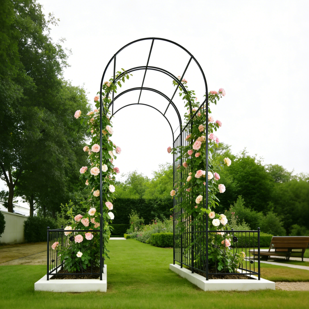 Metal Garden Arch with Two Plant Stands – Iron Trellis for Climbing Plants