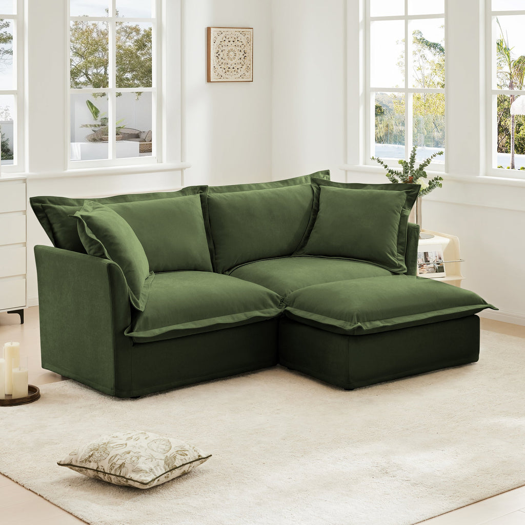 Slipcovered Sectional 2 Seater Sofa with Convertible Ottoman