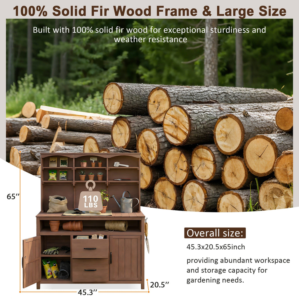 Large Fir Wood Potting Bench with Hutch and Storage - Brown